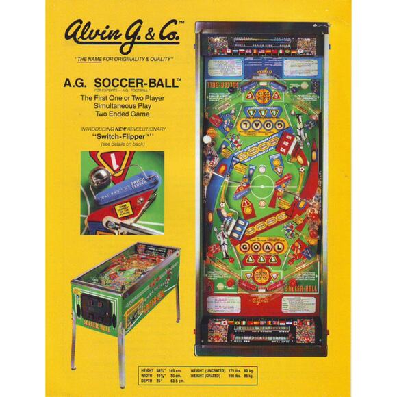 AG Soccer Ball Pinball Flyer Original Alvin G Flipper Game Artwork Sheet 1991 - Picture 1 of 2
